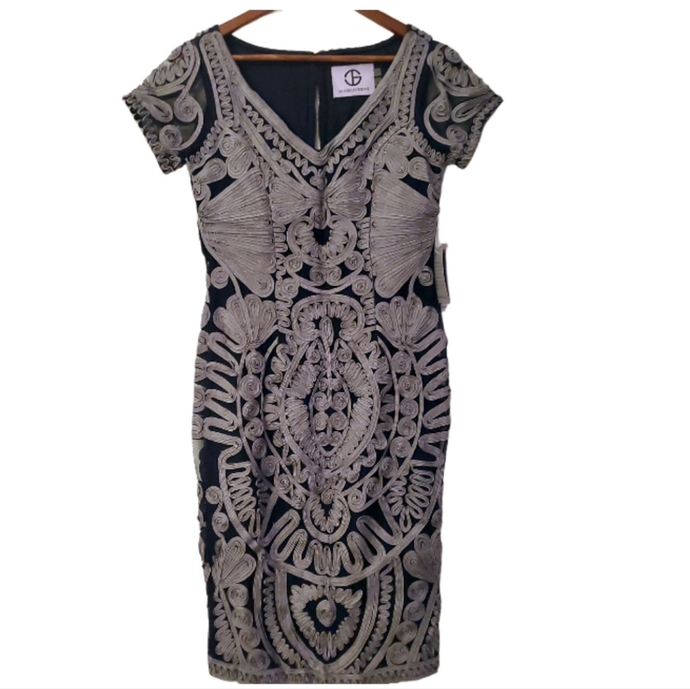 JS Collection Vneck Navy Silver Embroidered Midi Dress 10 NWT